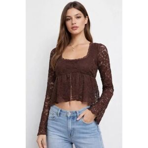 LA PECHE Dark Brown Sz Jr Medium Stretchy Lacy Lined Long Sleeve Shirt NEW NWT